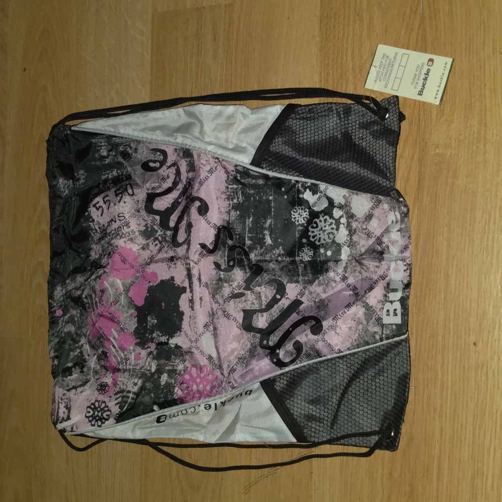 Buckle Miss Me Black Pink Drawstring Backpack Rucksack NWT